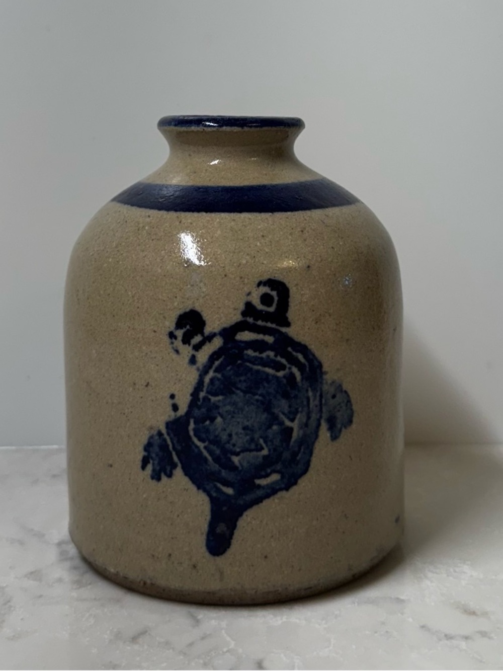 Stoneware Turtle Vase in Tan and Blue - Decorative Ceramic Accent